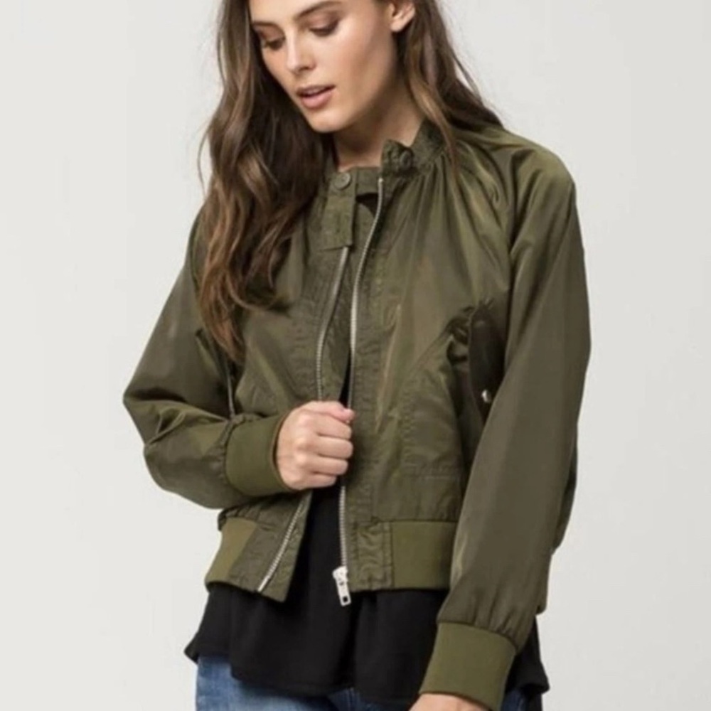 Free People Midnight Bomber Jacket Army Green Satin Size Large